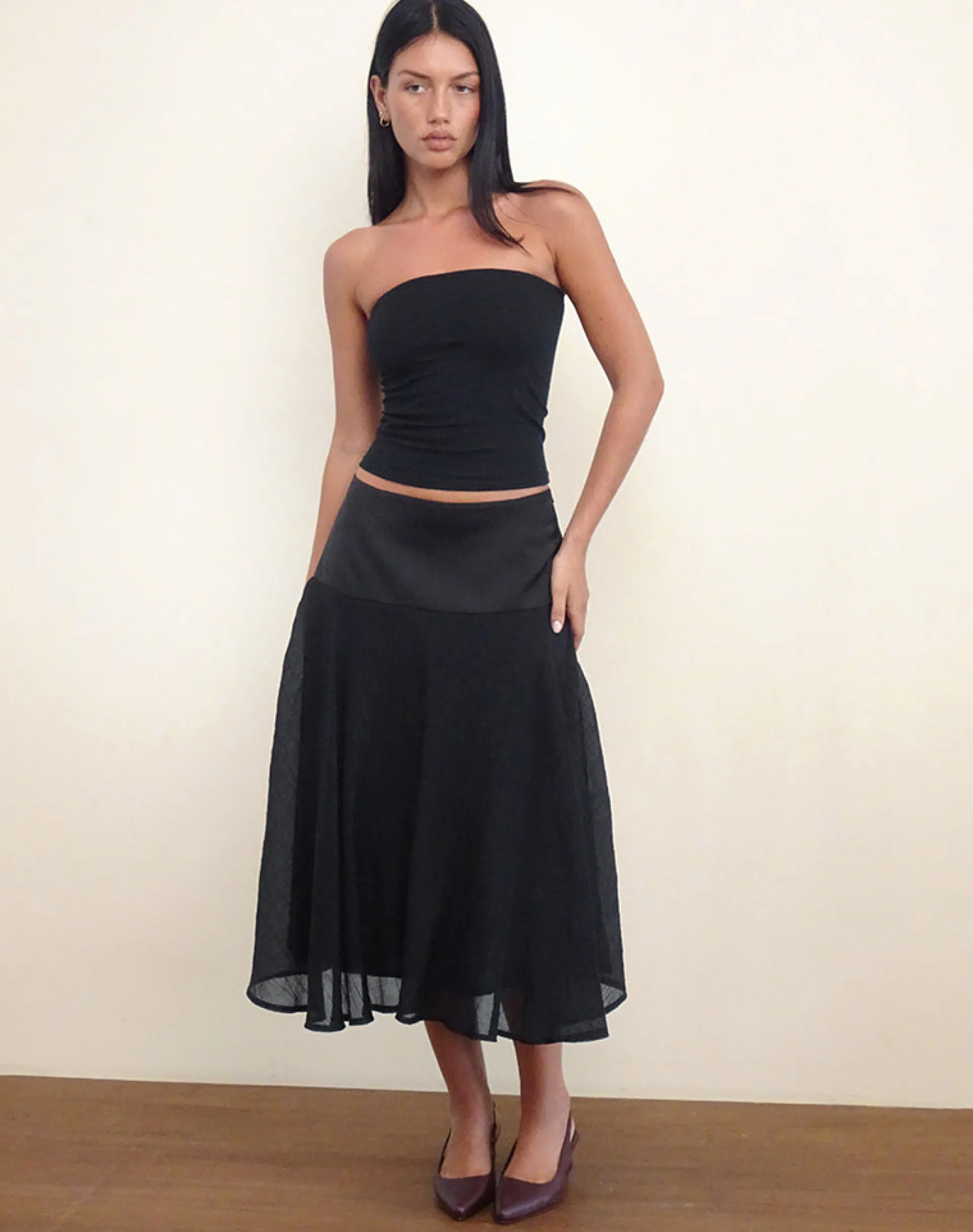 Motel Rocks A Line Skirts | Midi Skirts-Diera Satin Chiffon Midi Skirt in Black