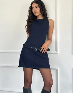 Motel Rocks Mini Dresses-Dilshan Belted Mini Dress in Chambray Indigo ChambrayIndigo