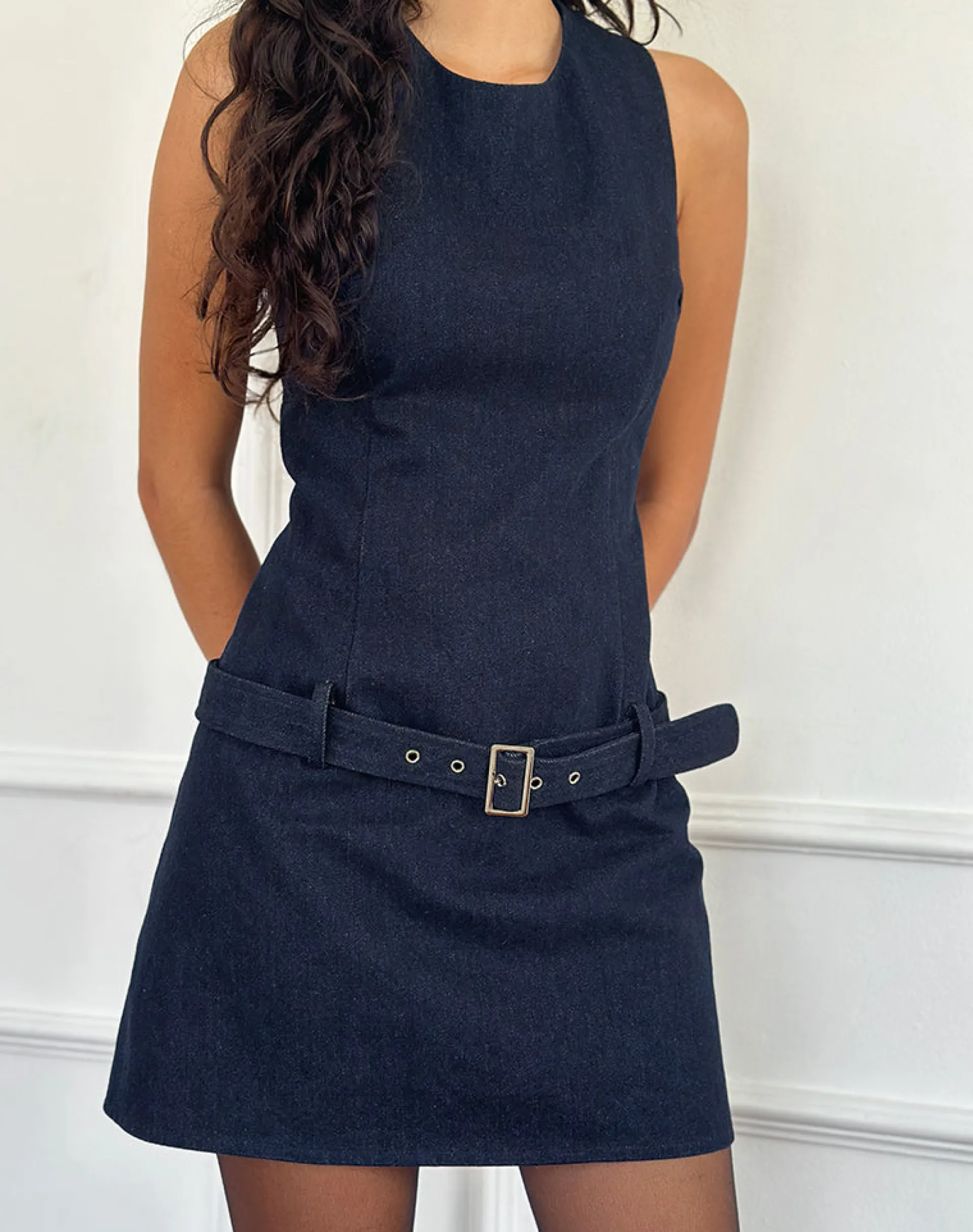 Motel Rocks Mini Dresses-Dilshan Belted Mini Dress in Chambray Indigo ChambrayIndigo