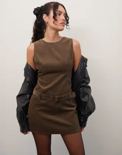 Motel Rocks Mini Dresses-Dilshan Mini Dress in Babycord Brown BabycordBrown