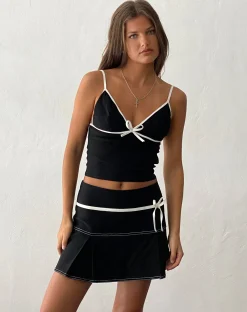Motel Rocks Vest Tops | Strappy Tops-Dima Bow Cami Top in Black with White Binding
