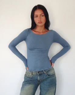 Motel Rocks Basics | Basic Tops-Dinar Split Hem Top in Mineral Blue