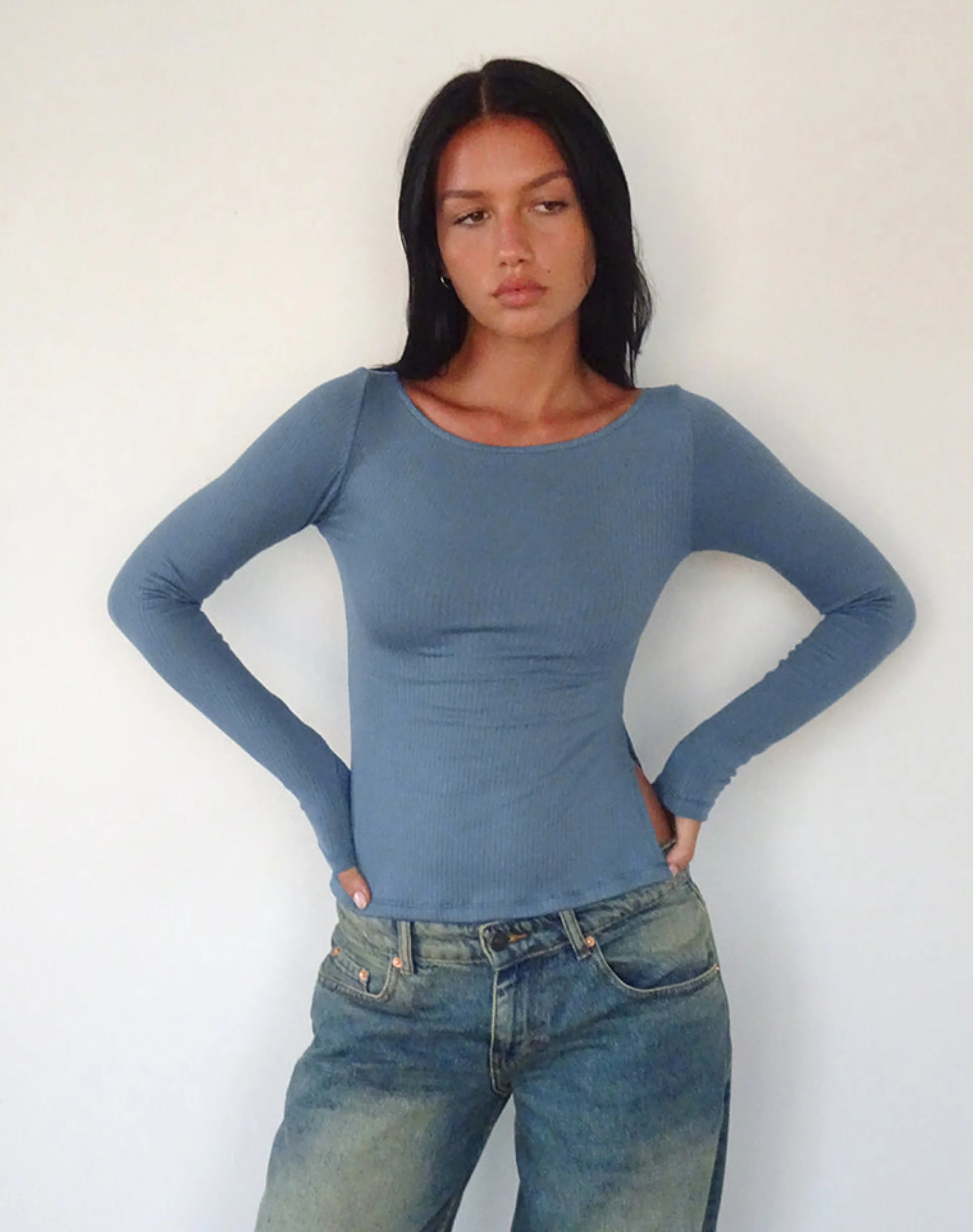 Motel Rocks Basics | Basic Tops-Dinar Split Hem Top in Mineral Blue
