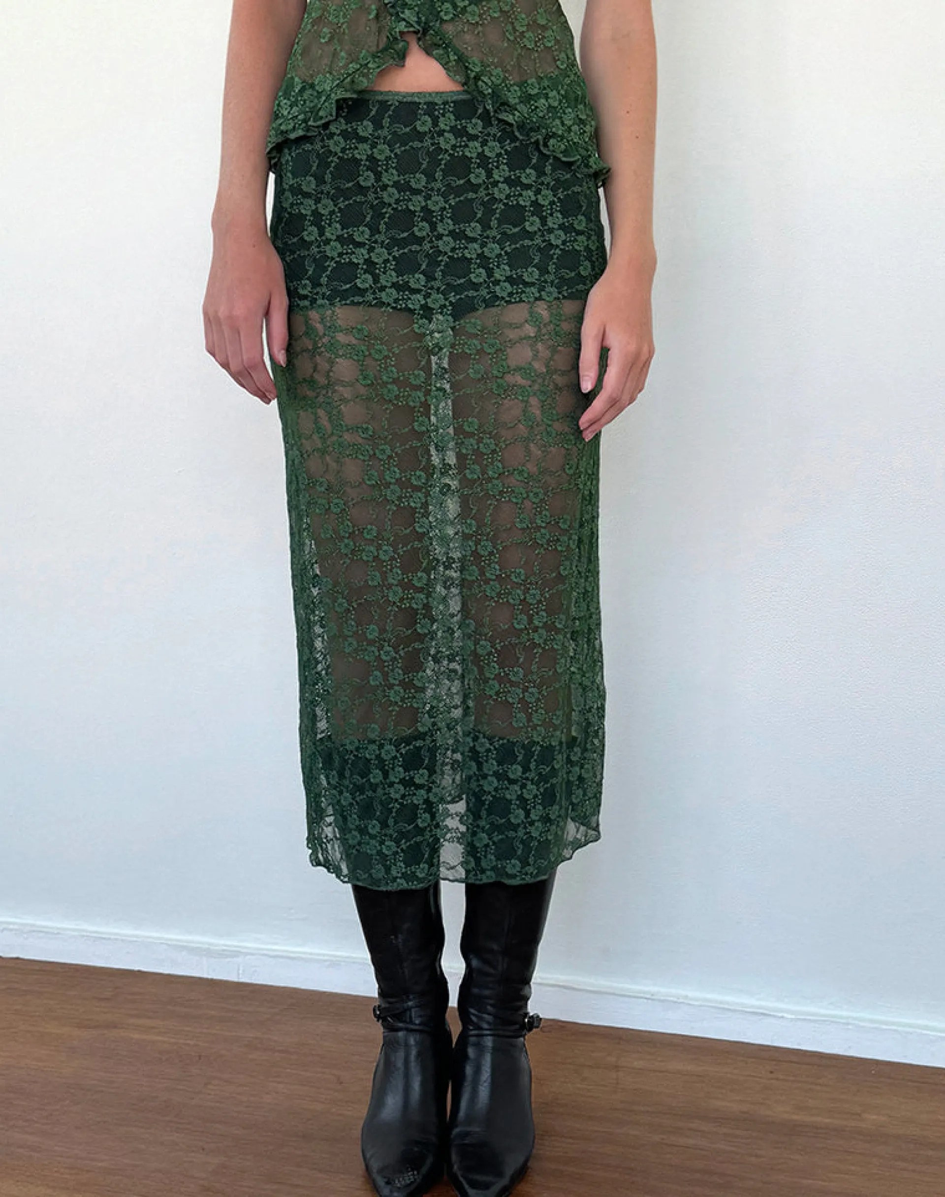 Motel Rocks Co-Ords | A Line Skirts-Diri Unlined Midi Skirt in Sage Canina Rose Lace