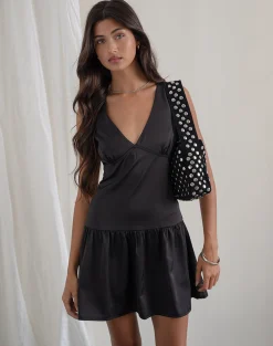 Motel Rocks Tailoring | Day Dresses-Distia Plunge Puff Mini Dress in Black