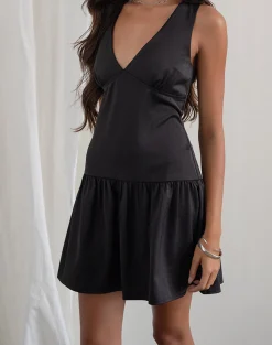 Motel Rocks Tailoring | Day Dresses-Distia Plunge Puff Mini Dress in Black