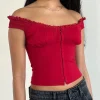 Motel Rocks Corset Tops | Going Out Tops-Dovica Lace Trim Corset Top in Adrenaline Red AdrenalineRed