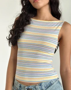 Motel Rocks Basic Tops | Strappy Tops-Dudley Vest Top in Blue, White and Yellow Stripe BlueWhiteandYellowStripe