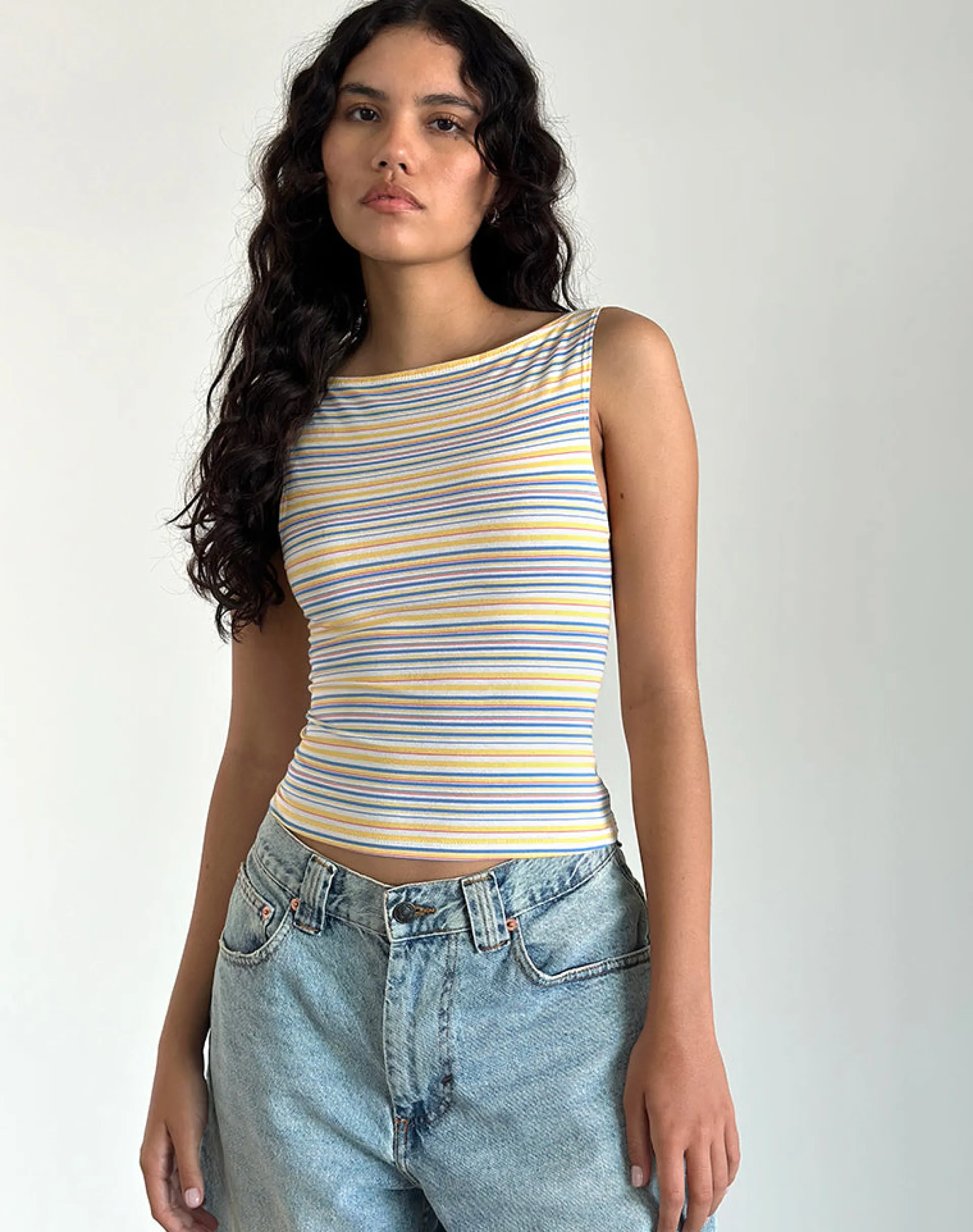 Motel Rocks Basic Tops | Strappy Tops-Dudley Vest Top in Blue, White and Yellow Stripe BlueWhiteandYellowStripe