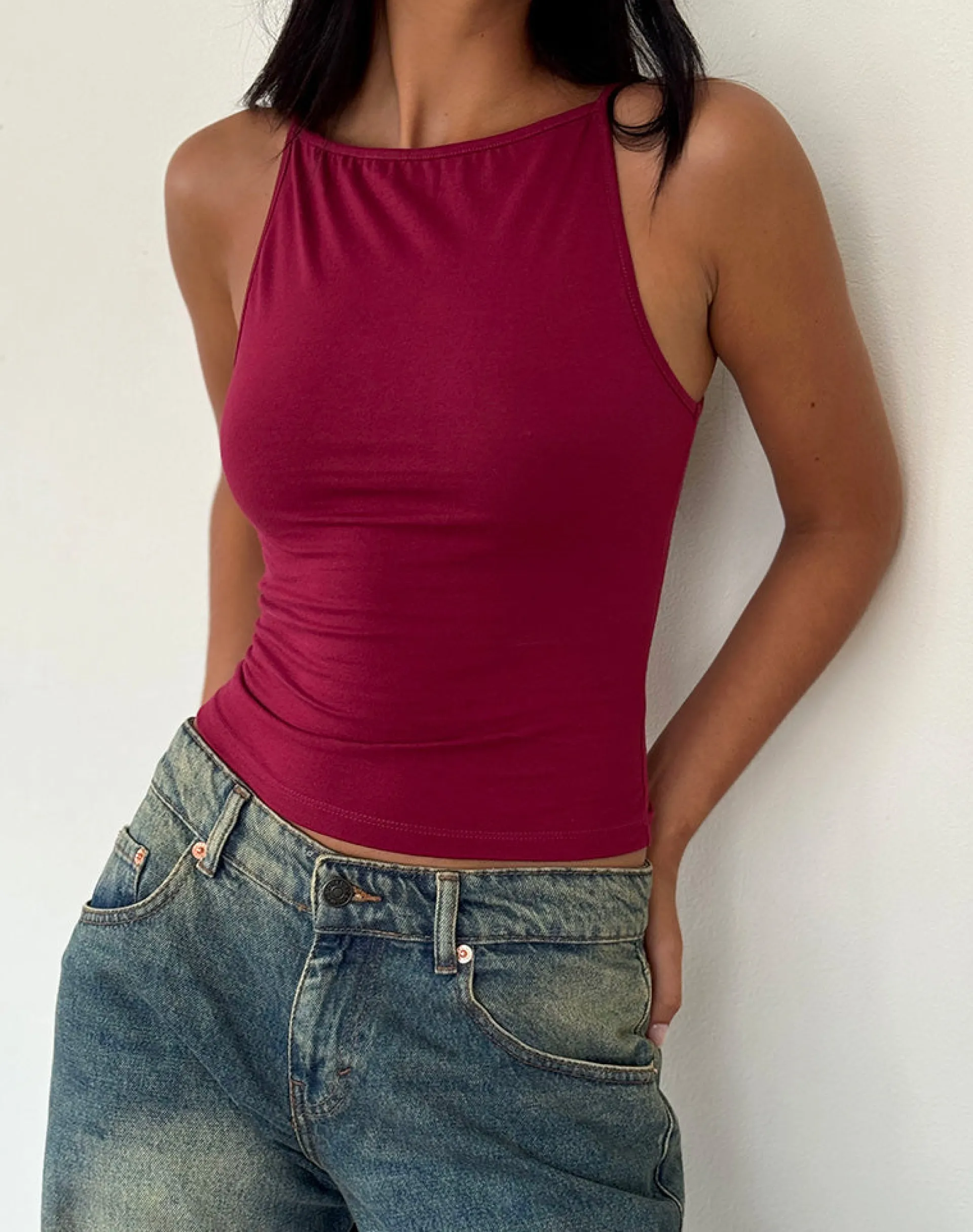 Motel Rocks Basic Tops-Dudley Vest Top in Burgundy