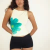 Motel Rocks Vest Tops | Printed Tops-Dudley Vest Top in Buttermilk with Blue Painted Flower ButtermilkwithBluePaintedFlower