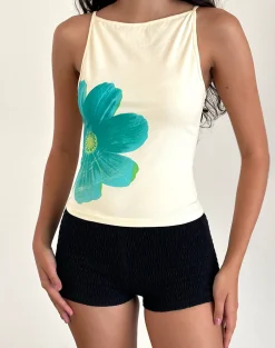 Motel Rocks Vest Tops | Printed Tops-Dudley Vest Top in Buttermilk with Blue Painted Flower ButtermilkwithBluePaintedFlower