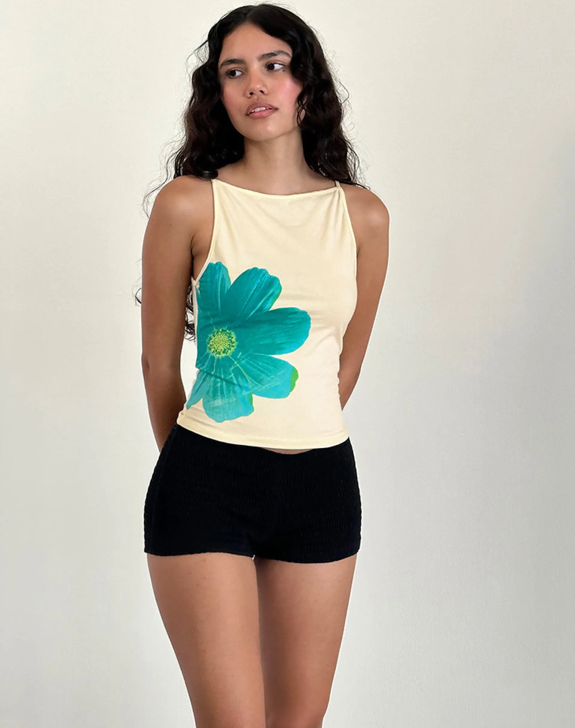 Motel Rocks Vest Tops | Printed Tops-Dudley Vest Top in Buttermilk with Blue Painted Flower ButtermilkwithBluePaintedFlower