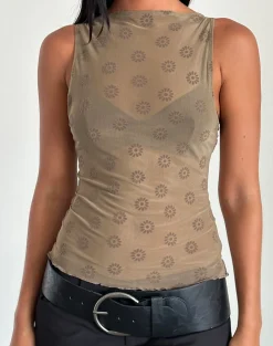 Motel Rocks Vest Tops | Printed Tops-Dudley Vest Top in Daisy Flock Light Brown DaisyFlockLightBrown