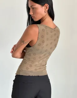 Motel Rocks Vest Tops | Printed Tops-Dudley Vest Top in Daisy Flock Light Brown DaisyFlockLightBrown