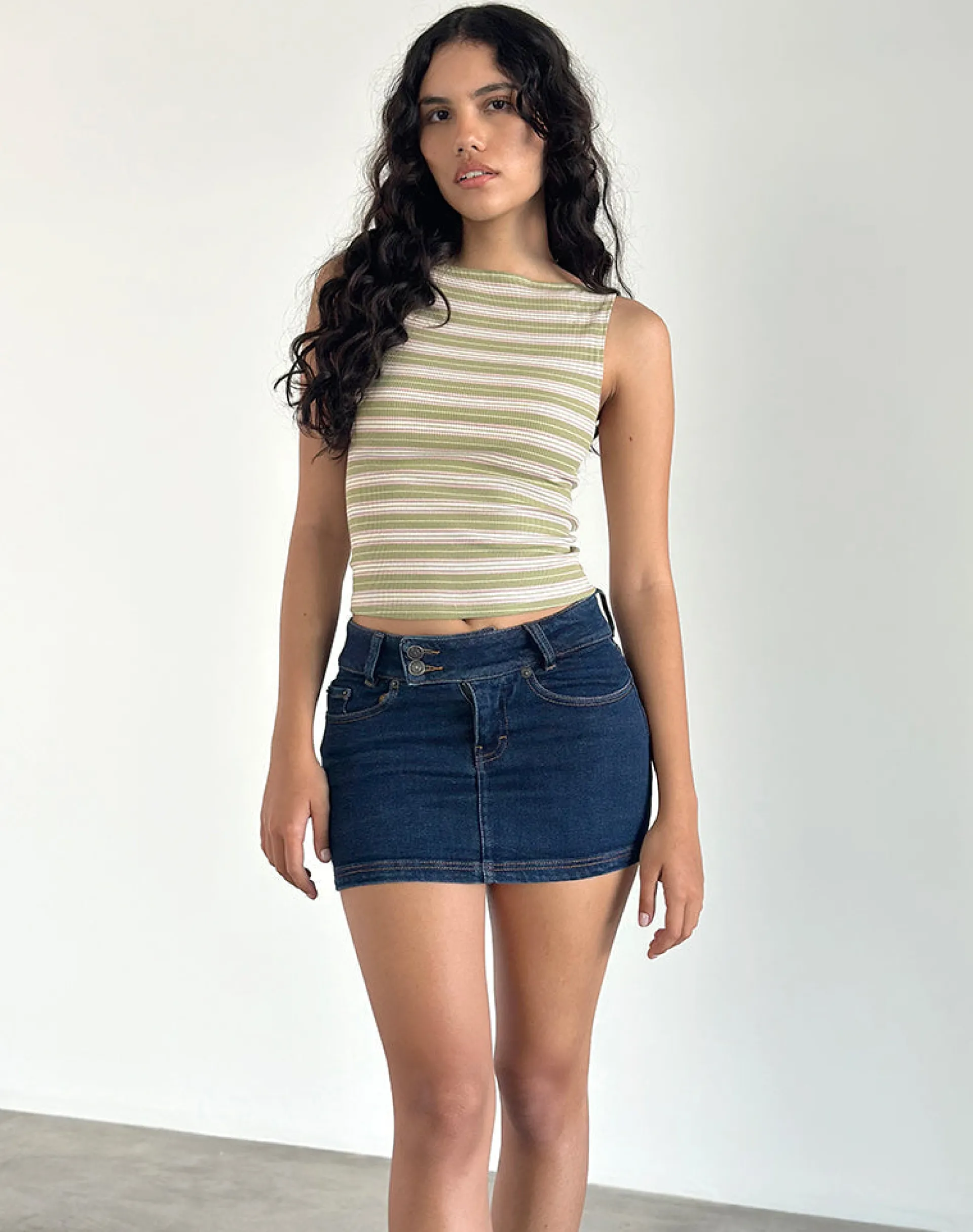 Motel Rocks Basic Tops | Strappy Tops-Dudley Vest Top in Green, Pink and White Stripe GreenPinkandWhiteStripe