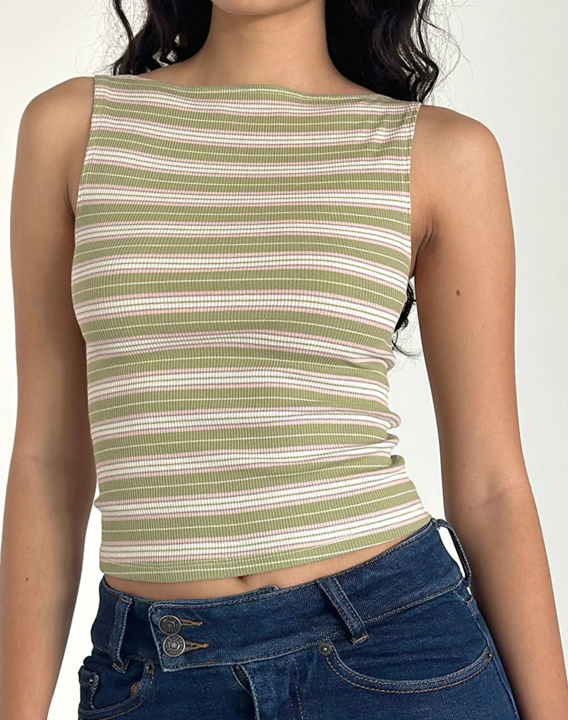 Motel Rocks Basic Tops | Strappy Tops-Dudley Vest Top in Green, Pink and White Stripe GreenPinkandWhiteStripe