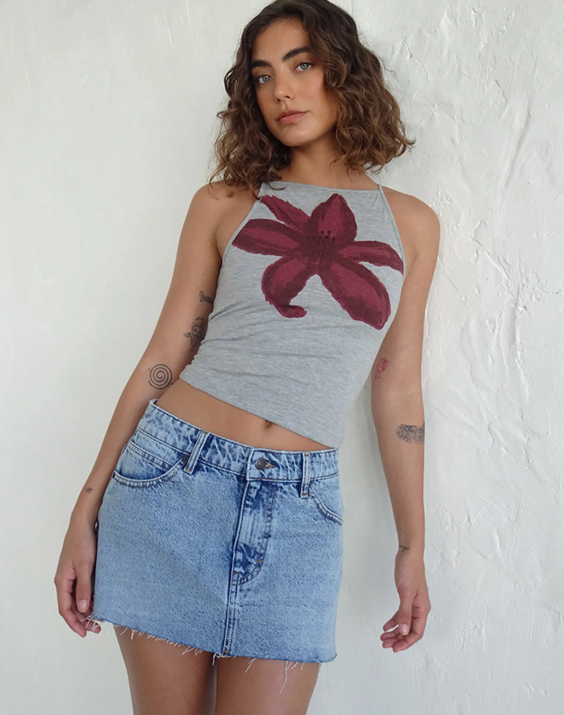 Motel Rocks Basic Tops | Vest Tops-Dudley Vest Top in Grey Marl Painted Flower GreyMarlPaintedFlower