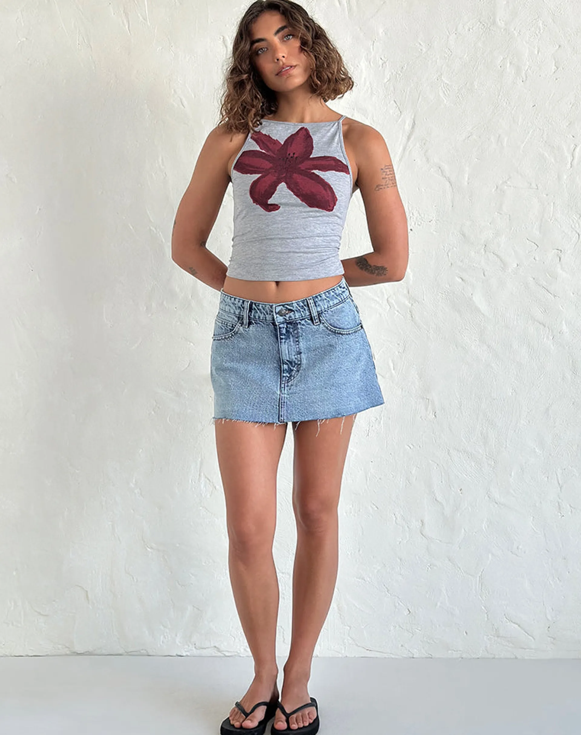 Motel Rocks Basic Tops | Vest Tops-Dudley Vest Top in Grey Marl Painted Flower GreyMarlPaintedFlower