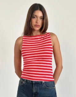 Motel Rocks Basic Tops | Vest Tops-Dudley Vest Top in Pink and Red Stripe PinkandRedStripe