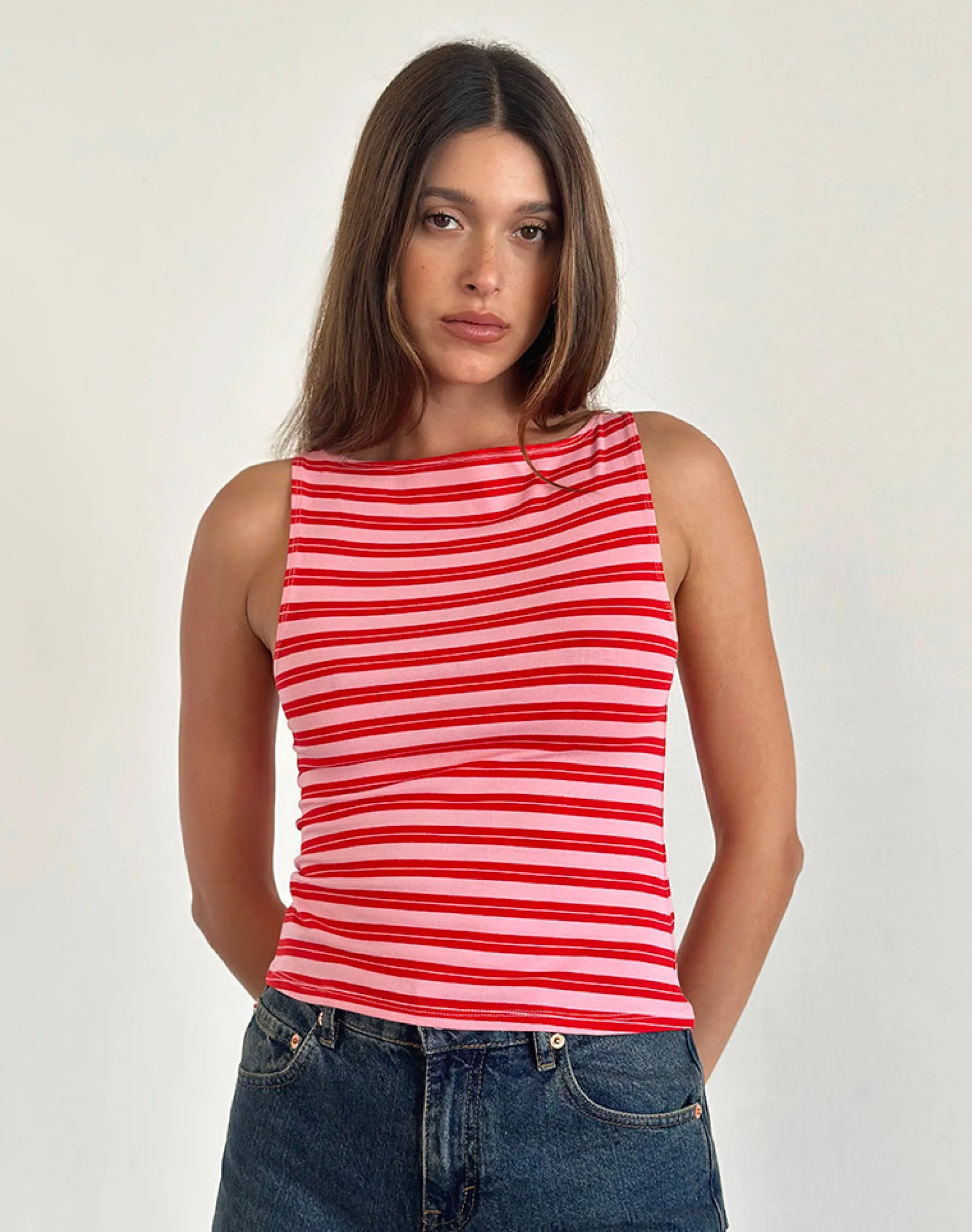 Motel Rocks Basic Tops | Vest Tops-Dudley Vest Top in Pink and Red Stripe PinkandRedStripe