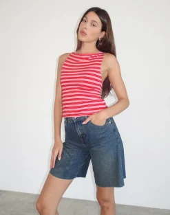 Motel Rocks Basic Tops | Vest Tops-Dudley Vest Top in Pink and Red Stripe PinkandRedStripe