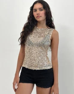 Motel Rocks Vest Tops | Going Out Tops-Dudley Vest Top in Sequin Mesh Gold SequinMeshGold