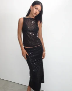 Motel Rocks Vest Tops | Strappy Tops-Dudley Vest Top in Sequin Knit Black SequinKnitBlack