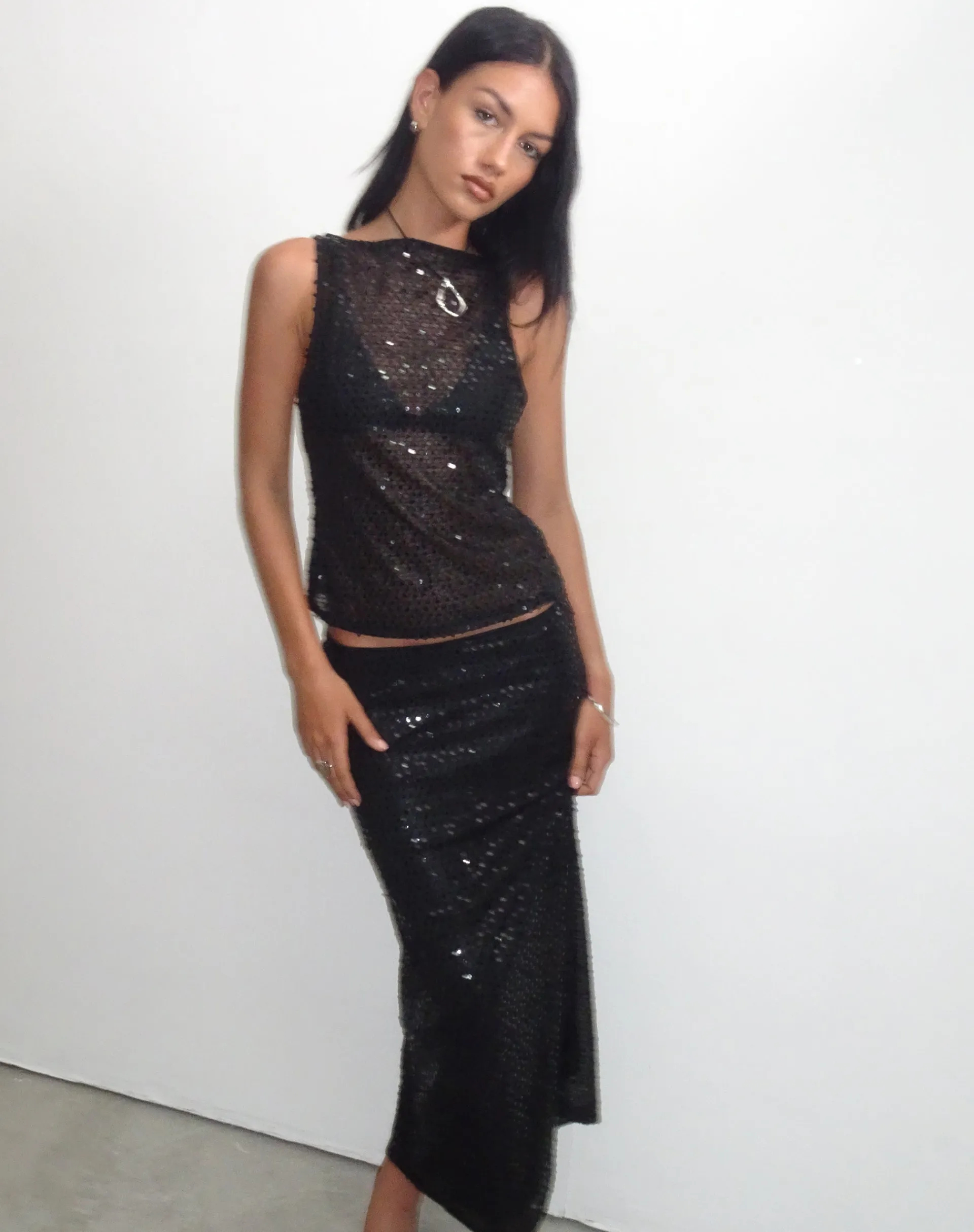Motel Rocks Vest Tops | Strappy Tops-Dudley Vest Top in Sequin Knit Black SequinKnitBlack