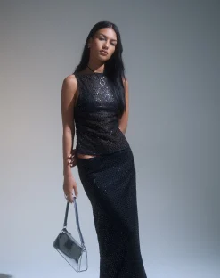 Motel Rocks Vest Tops | Strappy Tops-Dudley Vest Top in Sequin Knit Black SequinKnitBlack
