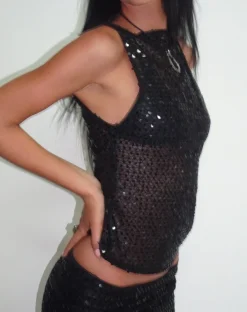 Motel Rocks Vest Tops | Strappy Tops-Dudley Vest Top in Sequin Knit Black SequinKnitBlack