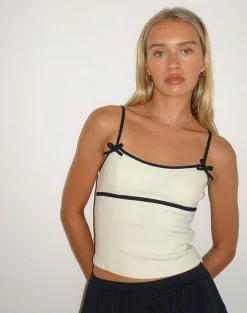 Motel Rocks Tailoring | Strappy Tops-Duta Cami Top in Cream with Black Bows