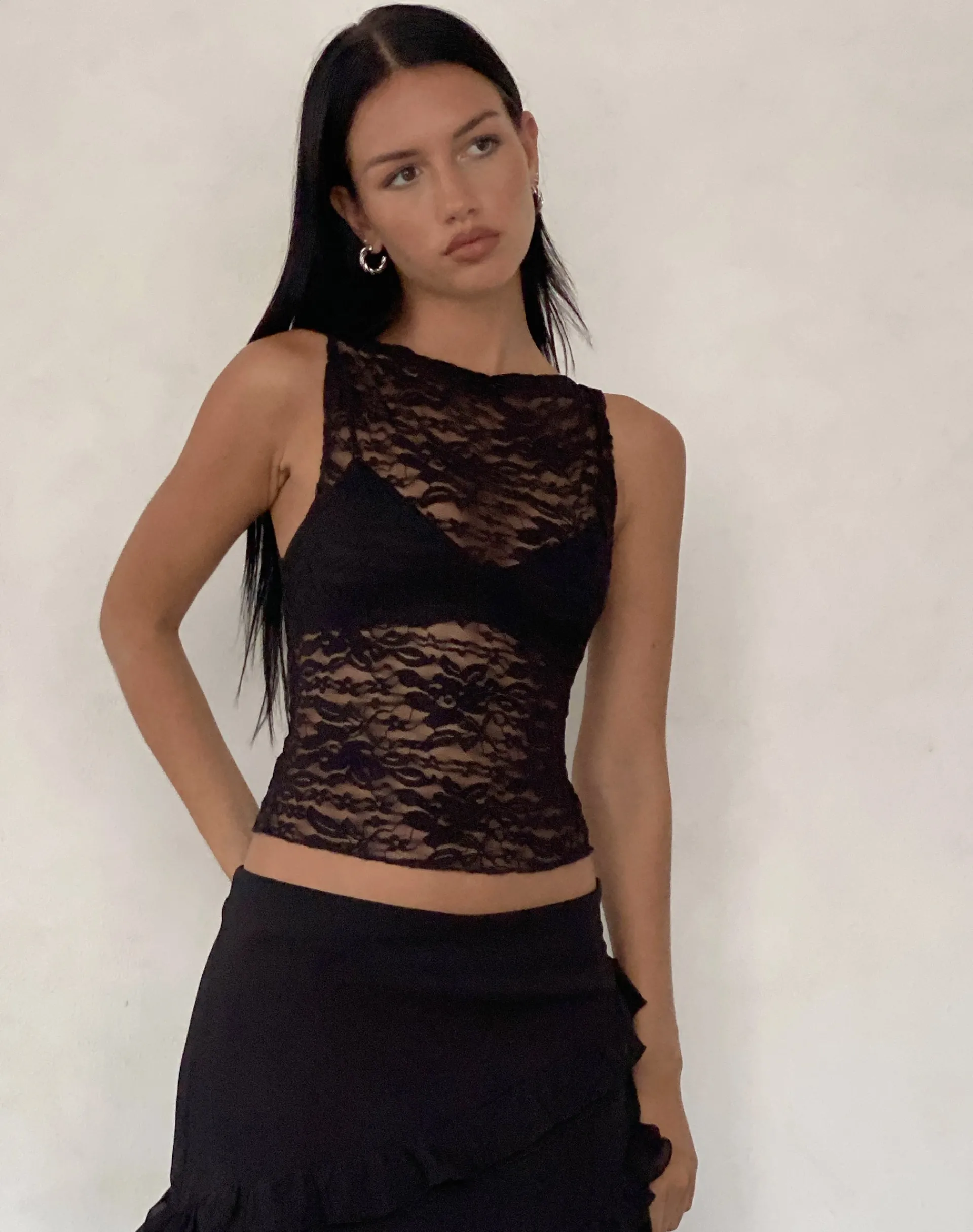 Motel Rocks Lace Tops | Going Out Tops-Dwira Lace Vest Top in Black