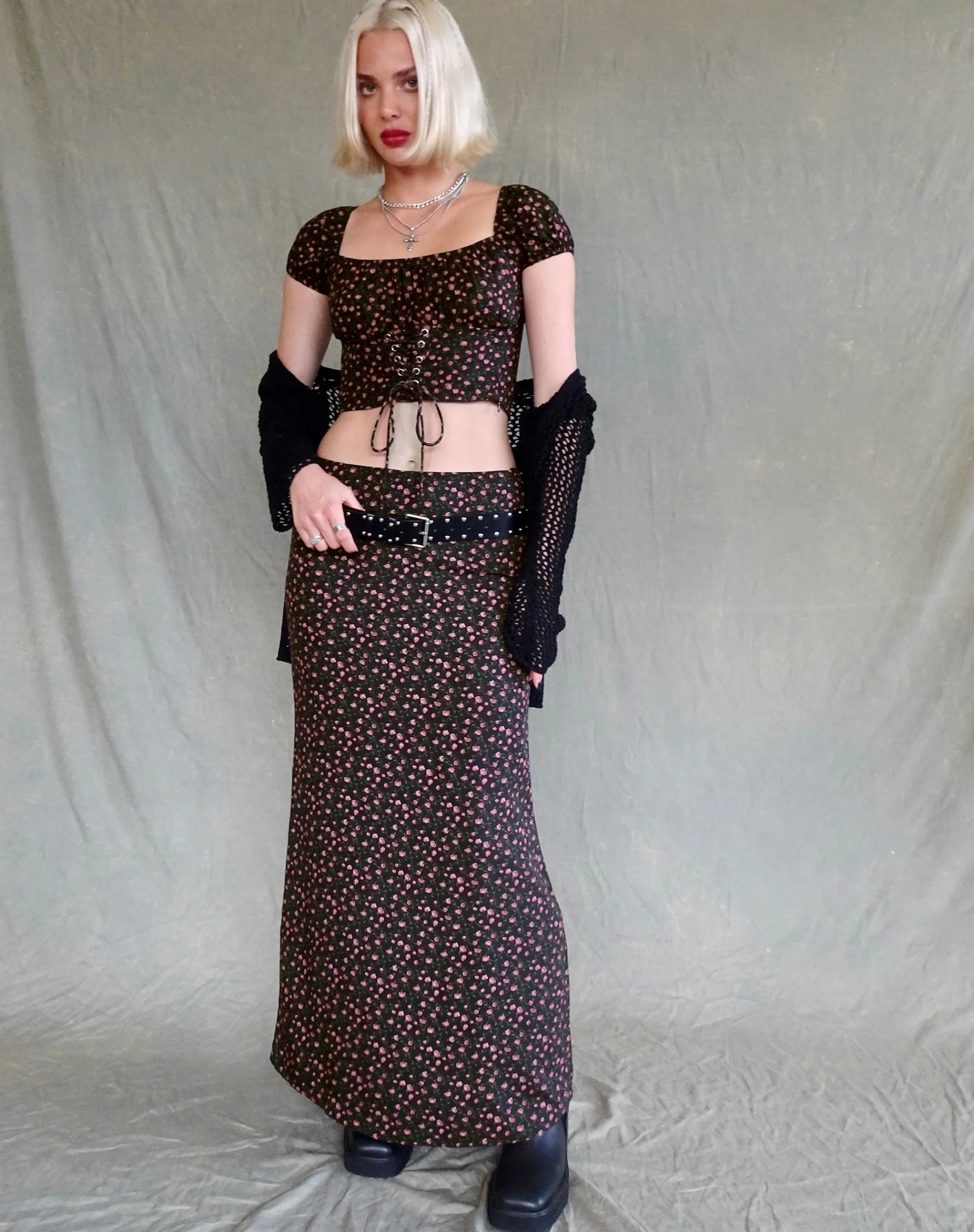 Motel Rocks Maxi Skirts-Easton Maxi Skirt in Dark Pink Rose Black