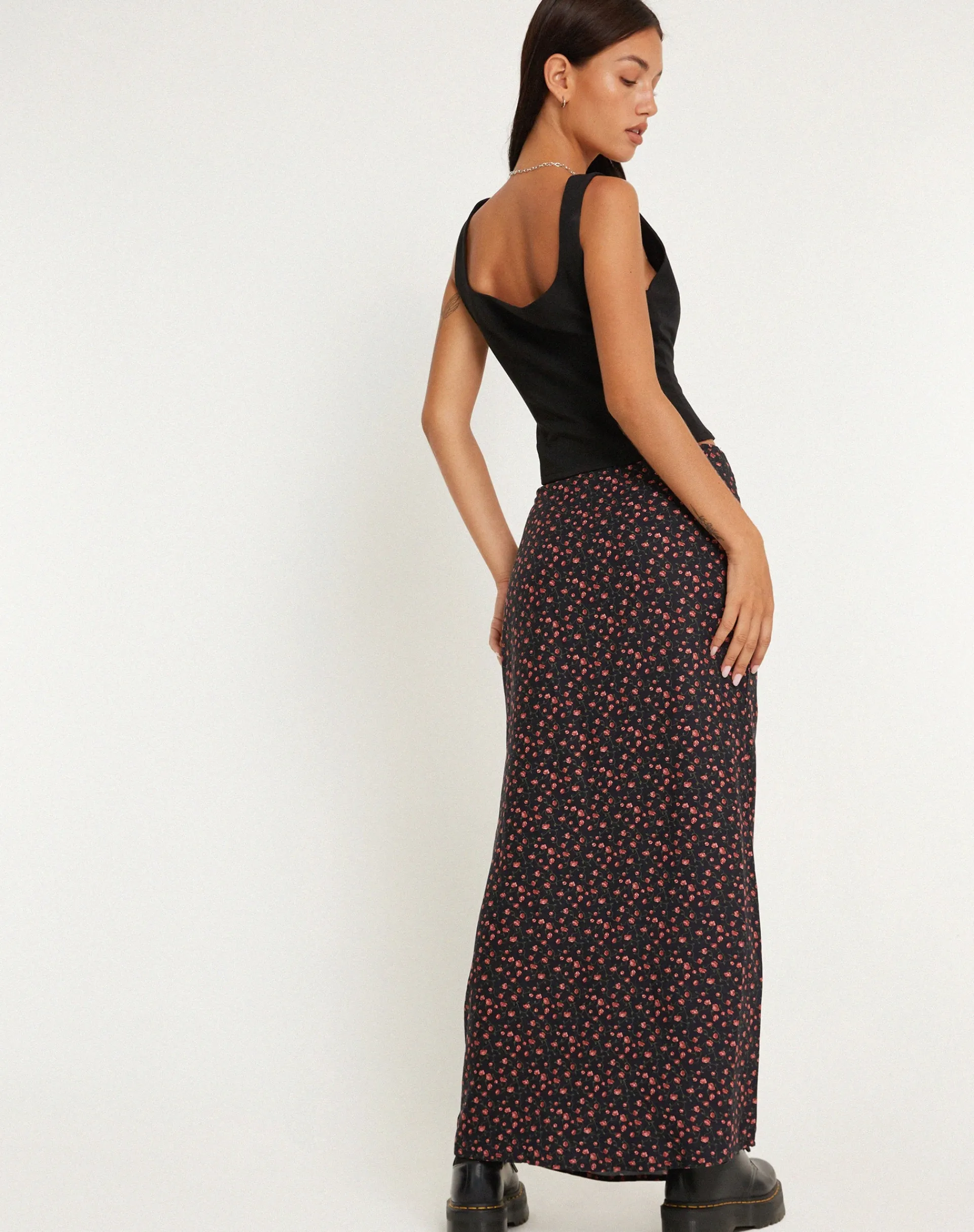 Motel Rocks Maxi Skirts-Easton Maxi Skirt in Dark Pink Rose Black