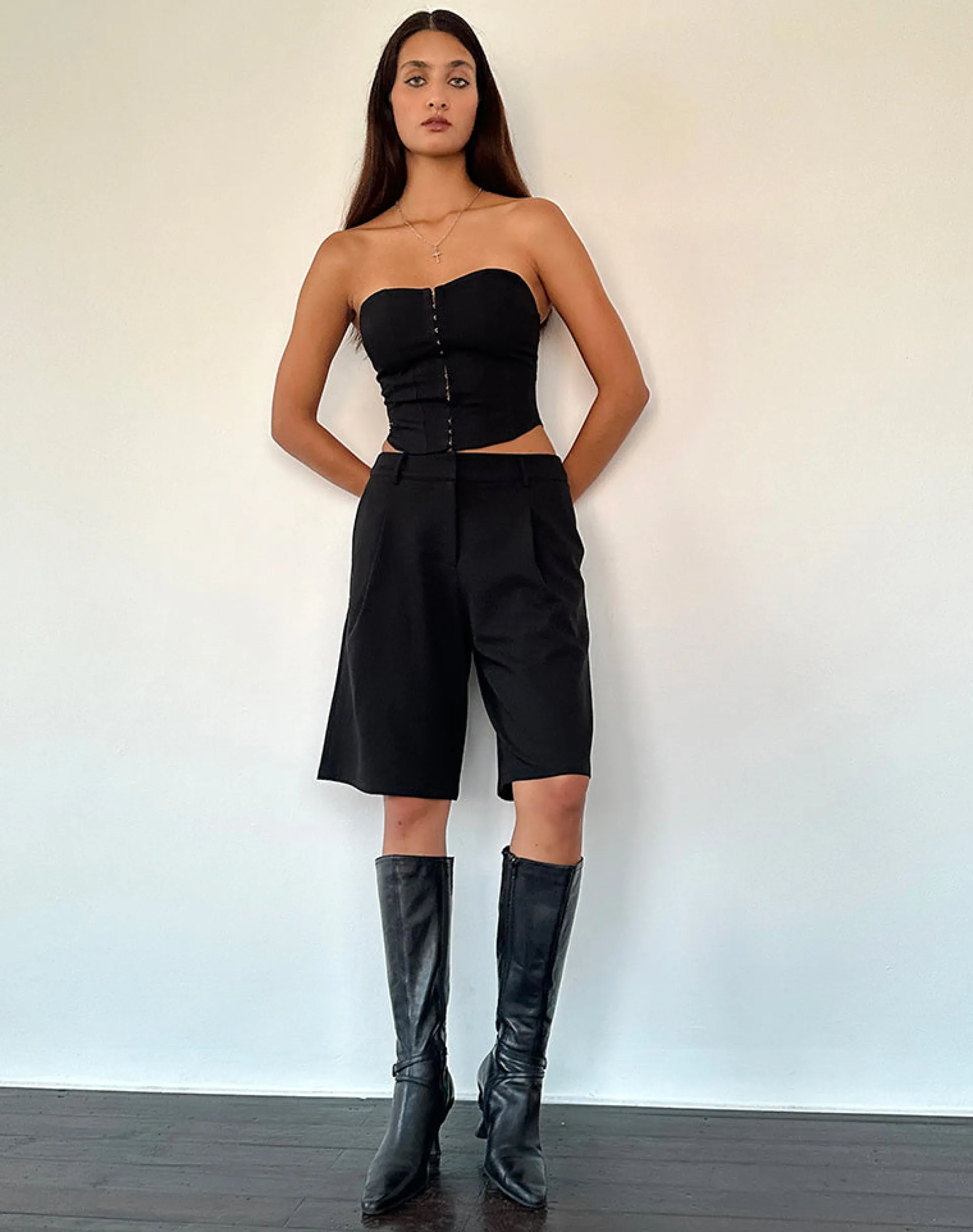 Motel Rocks Tailoring | Bandeau Tops-Elita Hook and Eye Corset Top in Black