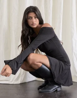 Motel Rocks Long Sleeve Dresses | Little Black Dresses-Elwyn Bardot Mini Dress in Slinky Black