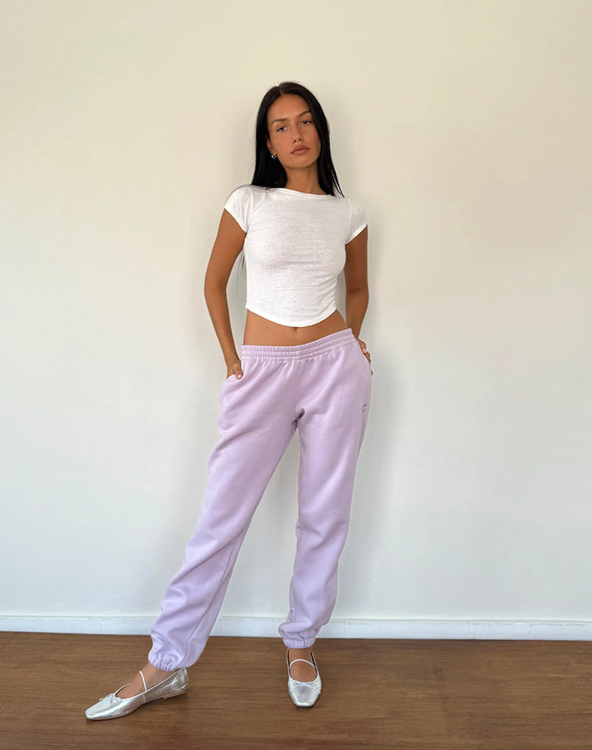 Motel Rocks Basics-Em Jogger in Violet Grey with Bow Embroidery VioletGreywithBowEmbroidery