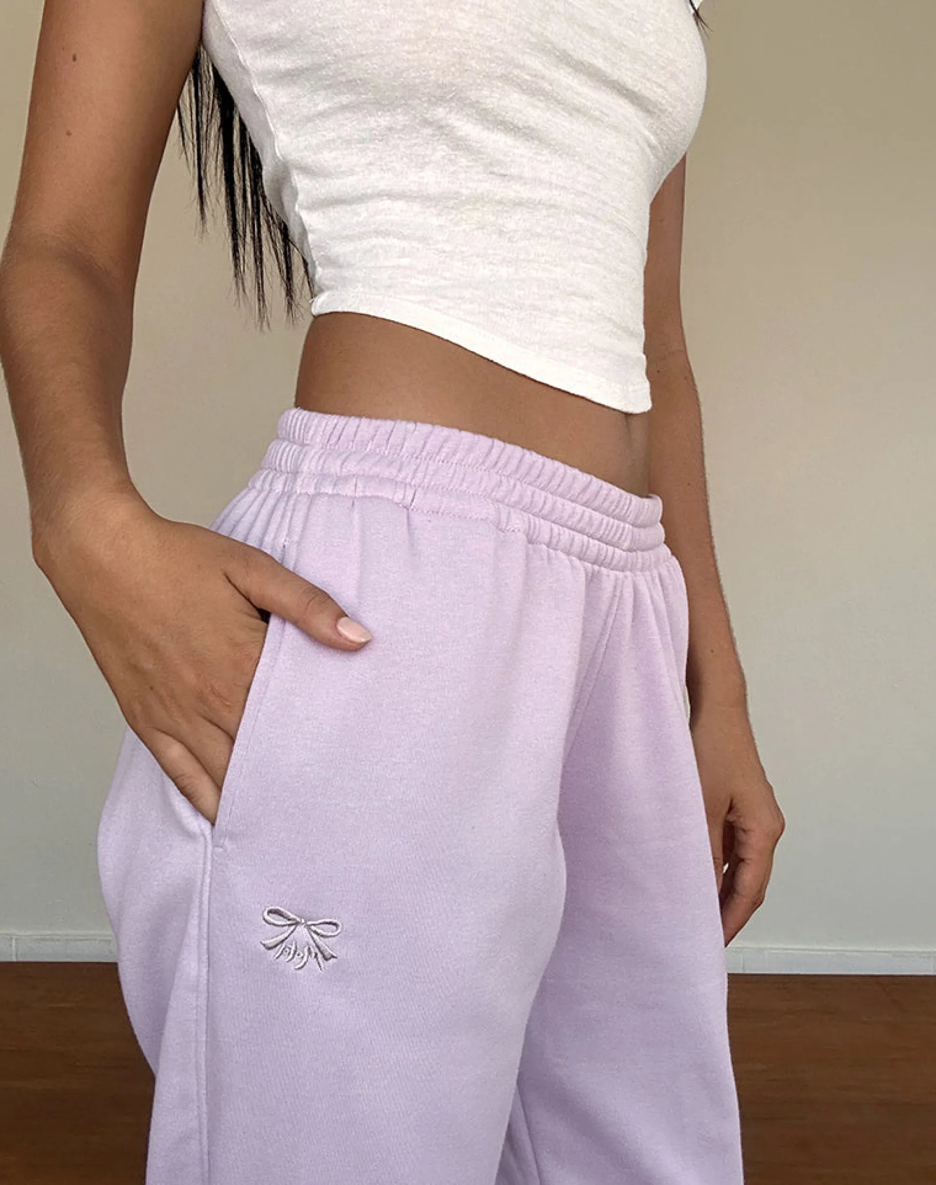 Motel Rocks Basics-Em Jogger in Violet Grey with Bow Embroidery VioletGreywithBowEmbroidery
