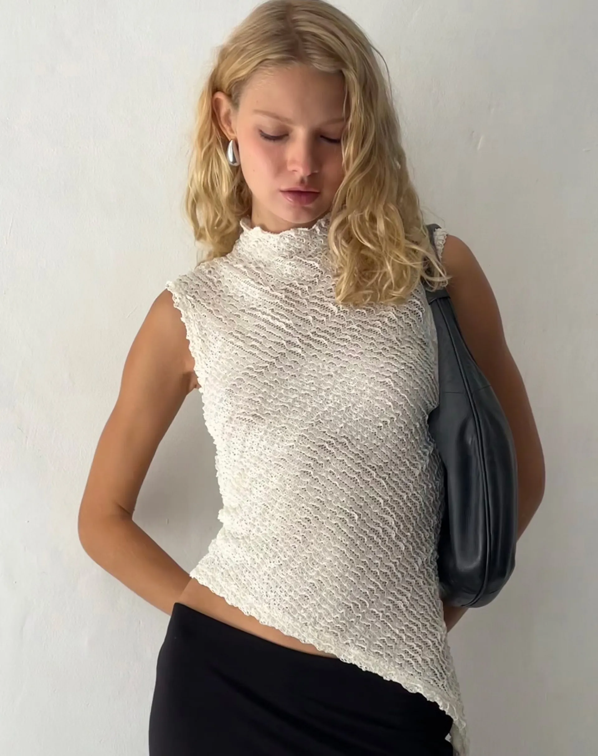 Motel Rocks Basic Tops | Vest Tops-Ember Sleevless Top in Textured Ivory ivorytexturedknit