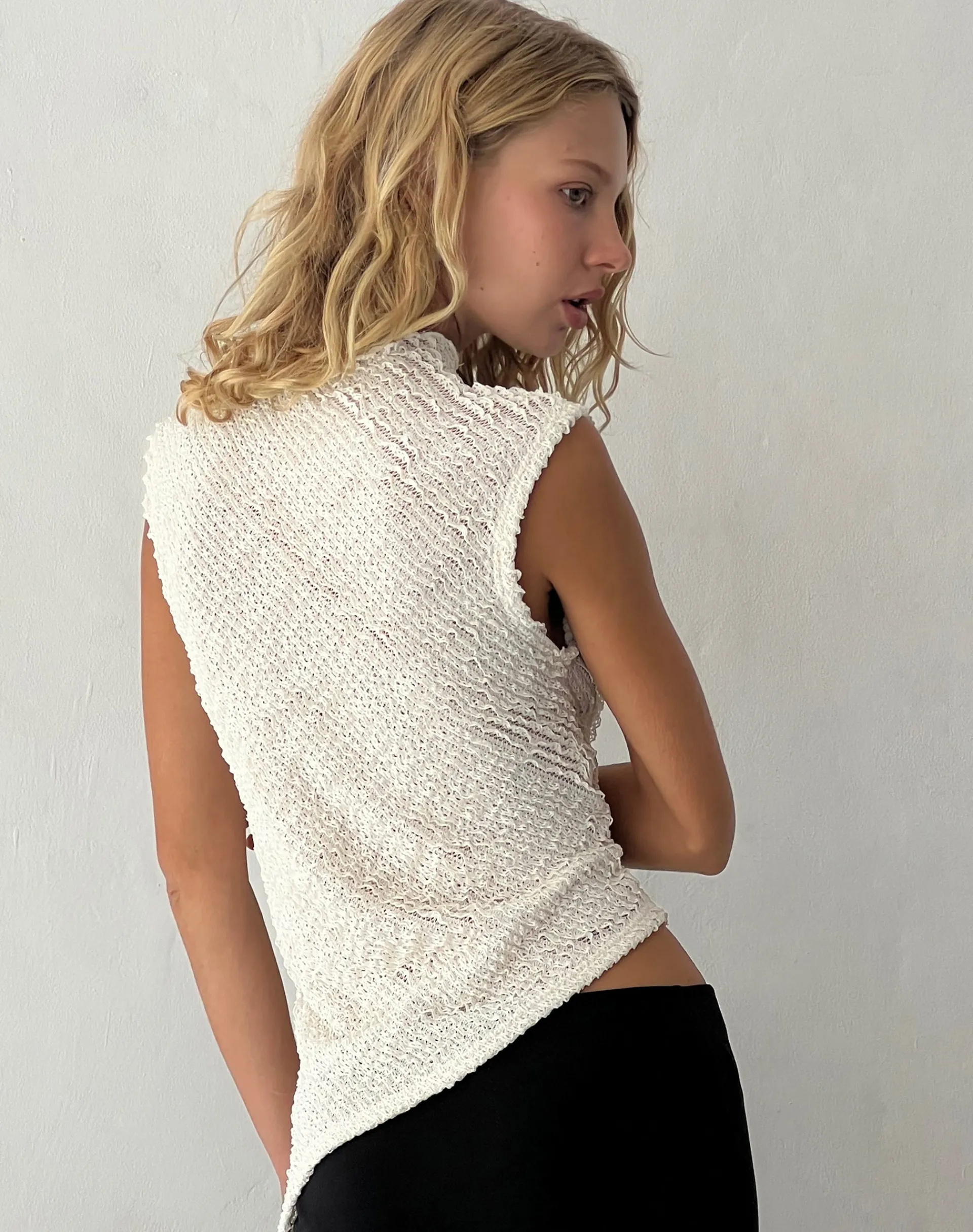 Motel Rocks Basic Tops | Vest Tops-Ember Sleevless Top in Textured Ivory ivorytexturedknit