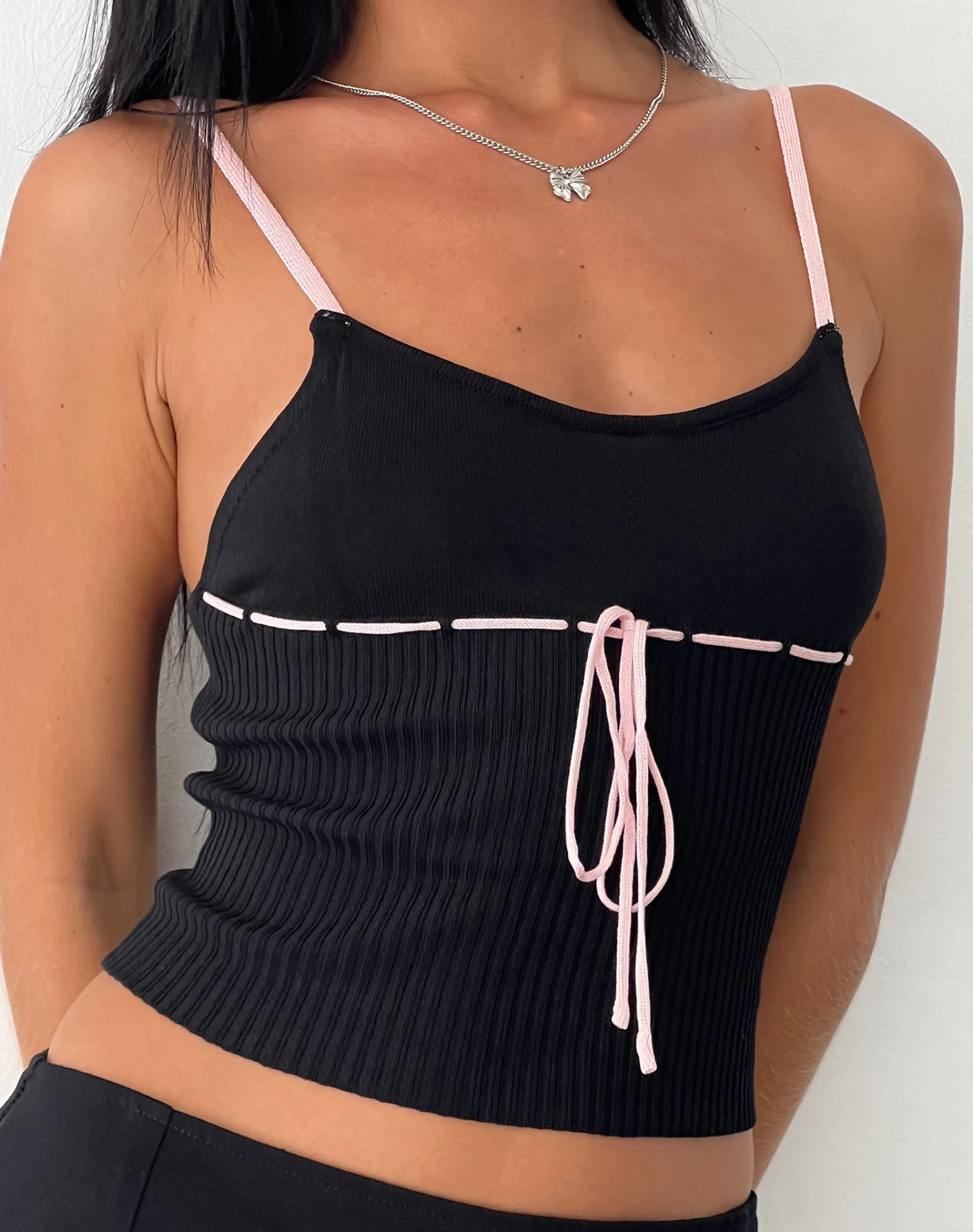 Motel Rocks Vest Tops | Strappy Tops-Emonie Cami Top in Black with Pink Binding BlackwithPinkBinding