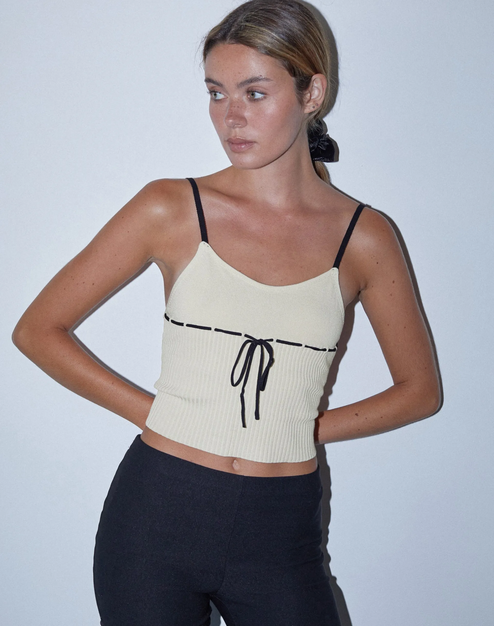Motel Rocks Basics | Basic Tops-Emonie Cami Top in with Black Binding neutral