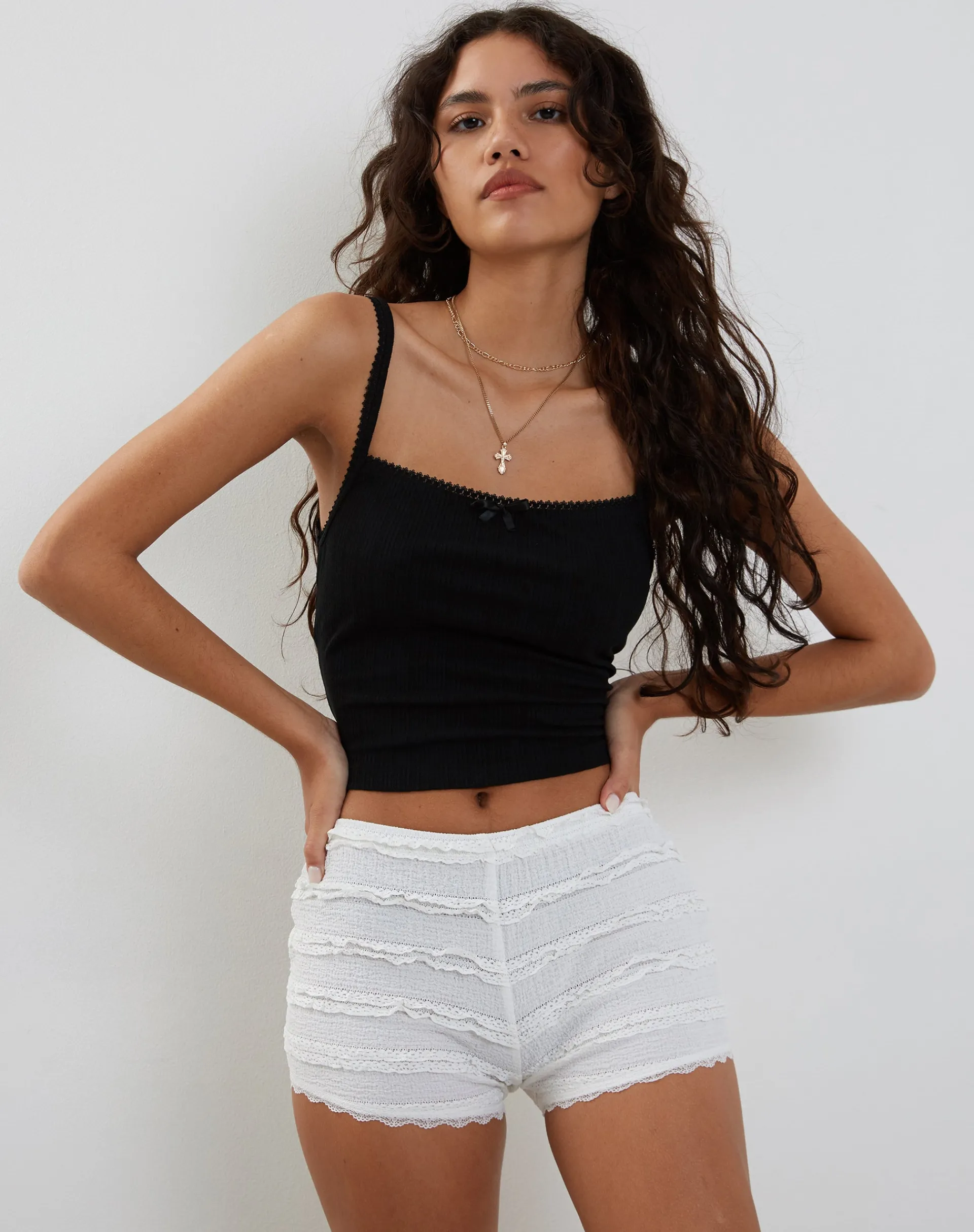 Motel Rocks Loungewear-Ena Frilly Bloomer Micro Shorts in Ivory