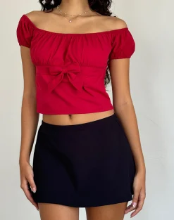 Motel Rocks Corset Tops | Crop Tops-Endah Bardot Top in Poplin Adrenaline Red