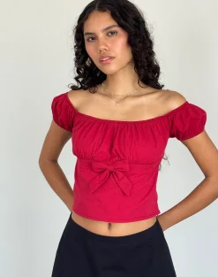 Motel Rocks Corset Tops | Crop Tops-Endah Bardot Top in Poplin Adrenaline Red