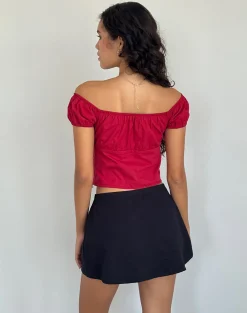 Motel Rocks Corset Tops | Crop Tops-Endah Bardot Top in Poplin Adrenaline Red