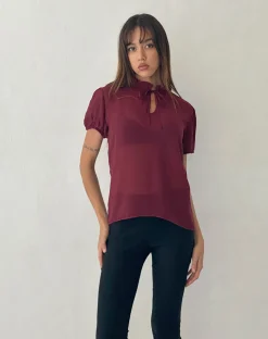 Motel Rocks Shirts And Blouses-Enzo High Neck Blouse in Oxblood Chiffon
