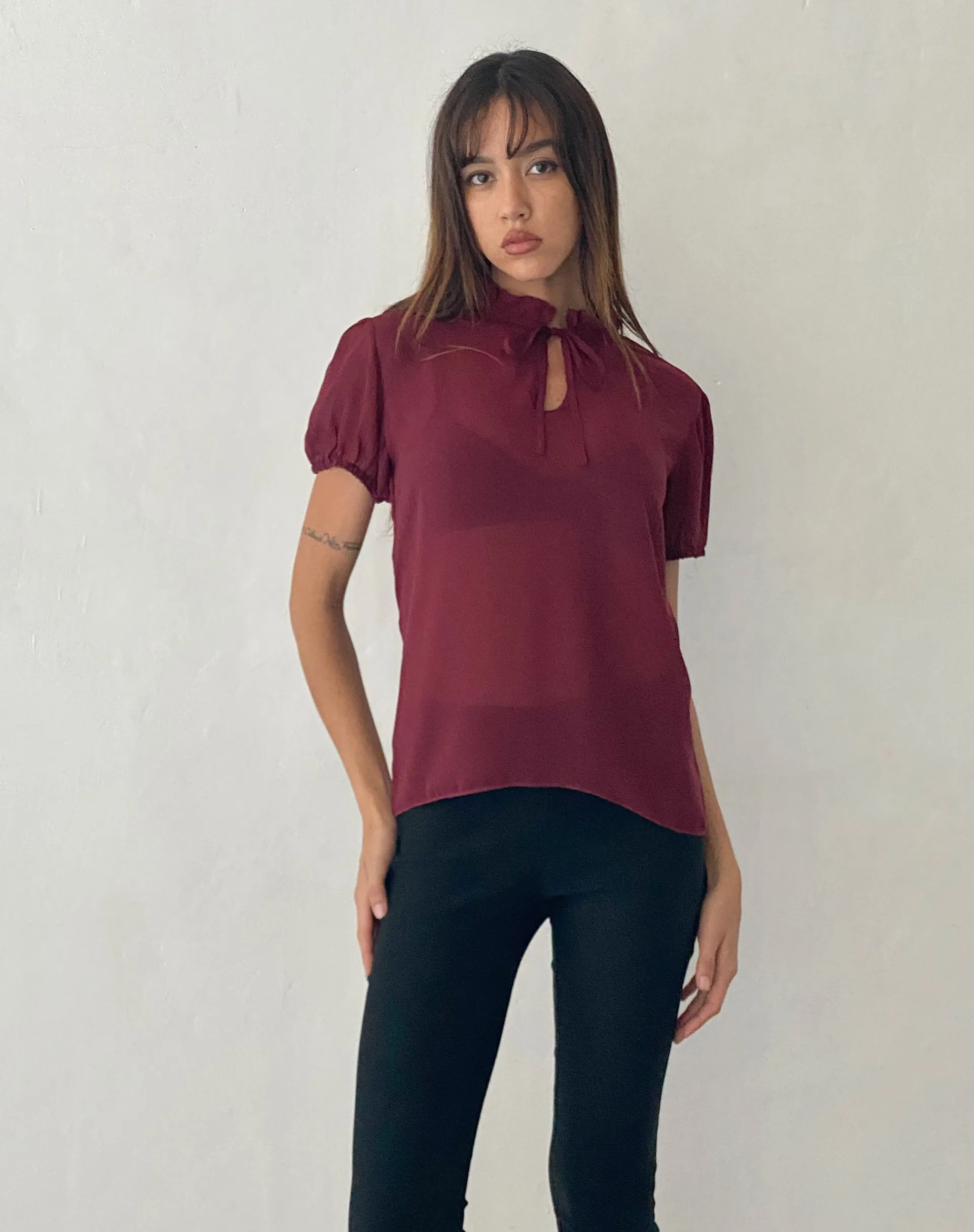 Motel Rocks Shirts And Blouses-Enzo High Neck Blouse in Oxblood Chiffon