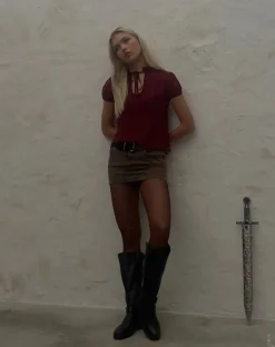Motel Rocks Shirts And Blouses-Enzo High Neck Blouse in Oxblood Chiffon